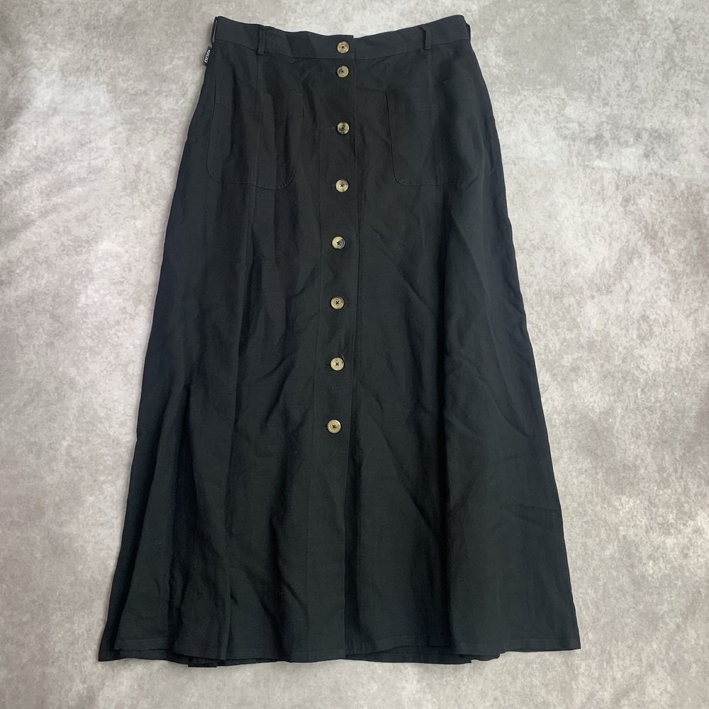 Escada Sport Black Midi Skirt Women's Size 40 Linen Blend Button Designer